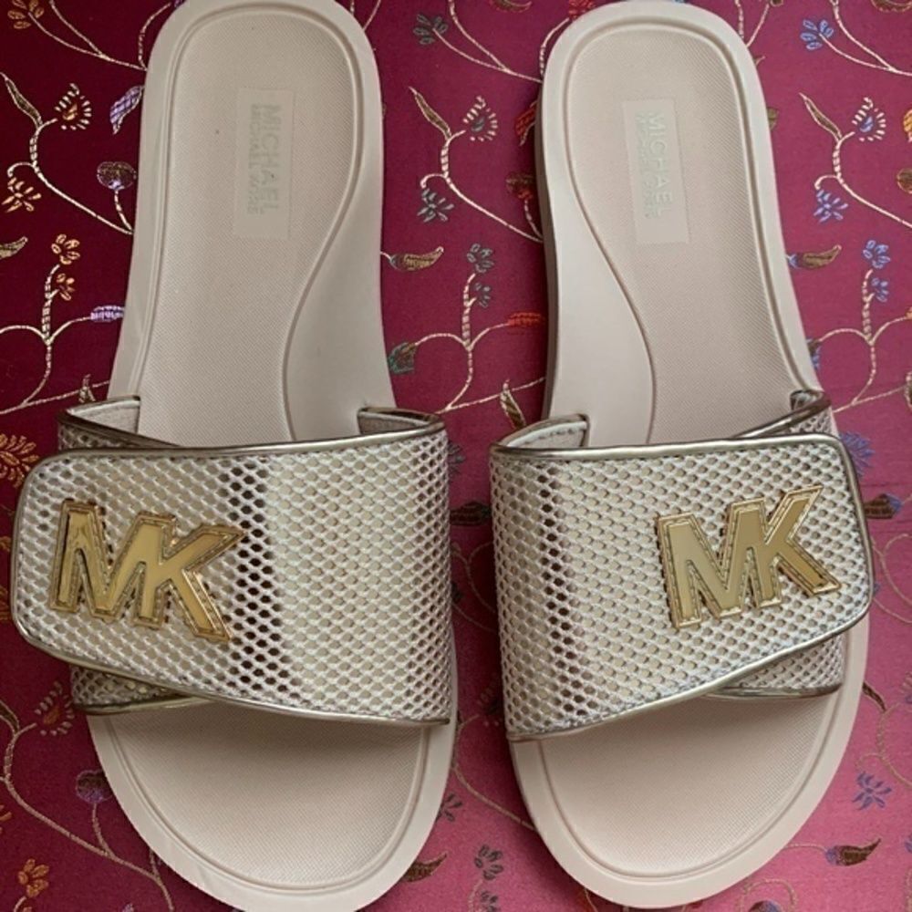 𝅺michael KORS LOGO ROSEGOLD MESH SLIDE SIZE 9 NEW​​​​​